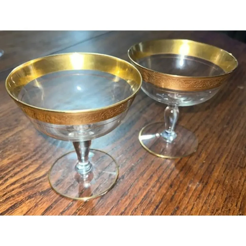 Vintage Double Band 24k Gold Encrusted 4.25” Crystal Cocktail Glasses (2)